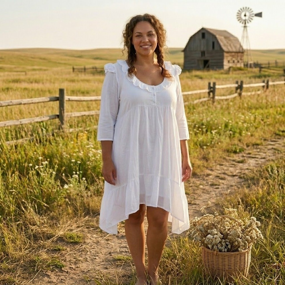 Ruffle Lace Up Dress Womens Large XL White Boho Cottagecore Fairy Farmhouse